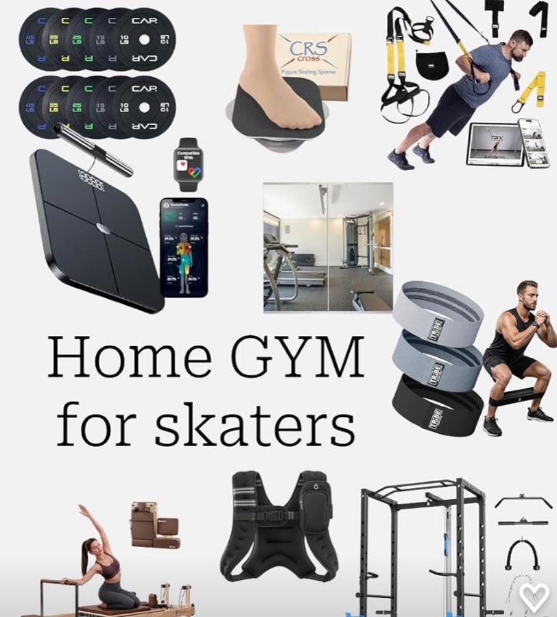 Home gym for skaters: a collage of weights, resistance bands and training gear